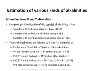 Estimation from P and T alkalinities
• Sample’s pH is indicative of the type(s) of alkalinity it has
– Samples with hydroxide alkalinity have pH >10
– Samples with carbonate alkalinity have pH >8.3
– Samples with only bicarbonate alkalinity have pH <8.3
• Types of alkalinities are related to P and T alkalinities as
– P = 0 means Bicarb Alk. = T (and no other alkalinities)
– P < 0.5T means Carb. Alk. = 2P and Bicarb. Alk. = T-2P
– P=0.5T means Carb Alk. = 2P (and no other alkalinity)
– P>0.5T means Hydrox. Alk. = 2P-T and Carb. Alk. = 2(T-P)
– P=T means Hydrox. Alk. = T (and no other alkalinities)
Estimation of various kinds of alkalinities
Hands on Training Program on Water and Wastewater Analysis (24-29th June, 2013)
 