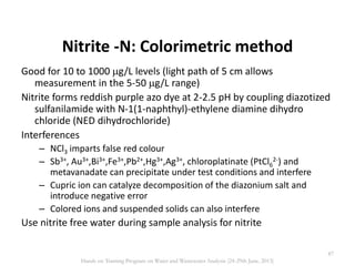 Nitrite -N: Colorimetric method
Good for 10 to 1000 g/L levels (light path of 5 cm allows
measurement in the 5-50 g/L range)
Nitrite forms reddish purple azo dye at 2-2.5 pH by coupling diazotized
sulfanilamide with N-1(1-naphthyl)-ethylene diamine dihydro
chloride (NED dihydrochloride)
Interferences
– NCl3 imparts false red colour
– Sb3+, Au3+,Bi3+,Fe3+,Pb2+,Hg3+,Ag3+, chloroplatinate (PtCl6
2-) and
metavanadate can precipitate under test conditions and interfere
– Cupric ion can catalyze decomposition of the diazonium salt and
introduce negative error
– Colored ions and suspended solids can also interfere
Use nitrite free water during sample analysis for nitrite
87
Hands on Training Program on Water and Wastewater Analysis (24-29th June, 2013)
 