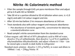 Nitrite -N: Colorimetric method
• Filter the sample through 0.45 m pore membrane filter and adjust
pH to 5-9 with HCl or NH4OH
• Take 50 ml or a portion diluted to 50 ml (dilution when conc. is >1.0
mg/L) and add 2 ml colour reagent and mix
• After 10 min but before 2 hrs measure absorbance at 543 nm
• Treat standards also with colour reagent and measure absorbance
– Plot absorbance of standards against NO2
- concentration for obtaining
a standard/calibration curve
• Read sample’s nitrite concentration from the standard curve
Colour reagent: add 100 ml of 85% phosphoric acid to 800 ml water,
dissolve 10 g of sulfanilamide, then dissolve 1 g of N-(1-naphthyl)-
ethylenediamine dihydrochloride, and adjust volume to 1 liter – can
be stored upto a month in dark bottle in refrigerator
Standard stock solution : dissolve 1.232 g NaNO2 in water and dilute to
1000ml: 1 mL = 250µg Nitrite -N
88
Hands on Training Program on Water and Wastewater Analysis (24-29th June, 2013)
 