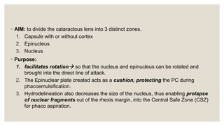 ◦ AIM: to divide the cataractous lens into 3 distinct zones.
1. Capsule with or without cortex
2. Epinucleus
3. Nucleus
◦ Purpose:
1. facilitates rotation so that the nucleus and epinucleus can be rotated and
brought into the direct line of attack.
2. The Epinuclear plate created acts as a cushion, protecting the PC during
phacoemulsification.
3. Hydrodelineation also decreases the size of the nucleus, thus enabling prolapse
of nuclear fragments out of the rhexis margin, into the Central Safe Zone (CSZ)
for phaco aspiration.
 