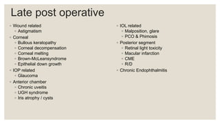 Late post operative
◦ Wound related
◦ Astigmatism
◦ Corneal
◦ Bullous keratopathy
◦ Corneal decompensation
◦ Corneal melting
◦ Brown-McLeansyndrome
◦ Epithelial down growth
◦ IOP related
◦ Glaucoma
◦ Anterior chamber
◦ Chronic uveitis
◦ UGH syndrome
◦ Iris atrophy / cysts
◦ IOL related
◦ Malposition, glare
◦ PCO & Phimosis
◦ Posterior segment
◦ Retinal light toxicity
◦ Macular infarction
◦ CME
◦ R/D
◦ Chronic Endophthalmitis
 