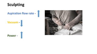 Sculpting
Aspiration flow rate -
Vacuum -
Power -
 