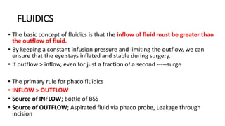 FLUIDICS
• The basic concept of fluidics is that the inflow of fluid must be greater than
the outflow of fluid.
• By keeping a constant infusion pressure and limiting the outflow, we can
ensure that the eye stays inflated and stable during surgery.
• If outflow > inflow, even for just a fraction of a second -----surge
• The primary rule for phaco fluidics
• INFLOW > OUTFLOW
• Source of INFLOW; bottle of BSS
• Source of OUTFLOW; Aspirated fluid via phaco probe, Leakage through
incision
 