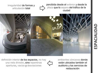 percibida desde el exterior y desde la
plaza que lo separa del tráfico de la
ciudad

ESPACIALIDAD

irregularidad de formas y
articulación total

definición interior de los espacios, no hay
una neta división, sino repentinas
aperturas, vacíos y desviaciones

ambientes cóncavos donde
están ubicados también el
auditorio y los servicios de
restauración

 