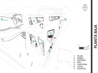 PLANTA BAJA
1.
2.
3.
4.
5.
6.
7.

PLAZA
RAMPA
ENTRADA
BAR
AUDITORIO
LOCAL
EVENTOS 

 