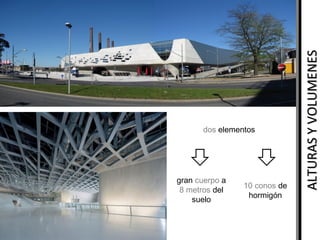gran cuerpo a
8 metros del
suelo

10 conos de
hormigón

ALTURAS Y VOLUMENES

dos elementos

 