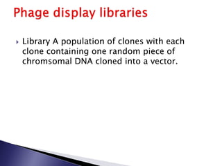  Library A population of clones with each
clone containing one random piece of
chromsomal DNA cloned into a vector.
 