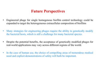 Future Perspectives
• Engineered phage for single homogenous biofilm control technology could be
expanded to target the heterogeneous extracellular composition of biofilms
• Many strategies for engineering phages require the ability to genetically modify
the bacterial hosts, which is still a challenge for many bacterial species.
• Despite the potential benefits, the acceptance of genetically modified phages for
real-world applications may vary across different regions of the world.
• In the case of human use, the choice of compelling areas of tremendous medical
need and explicit demonstrations of safety will both be important.
 