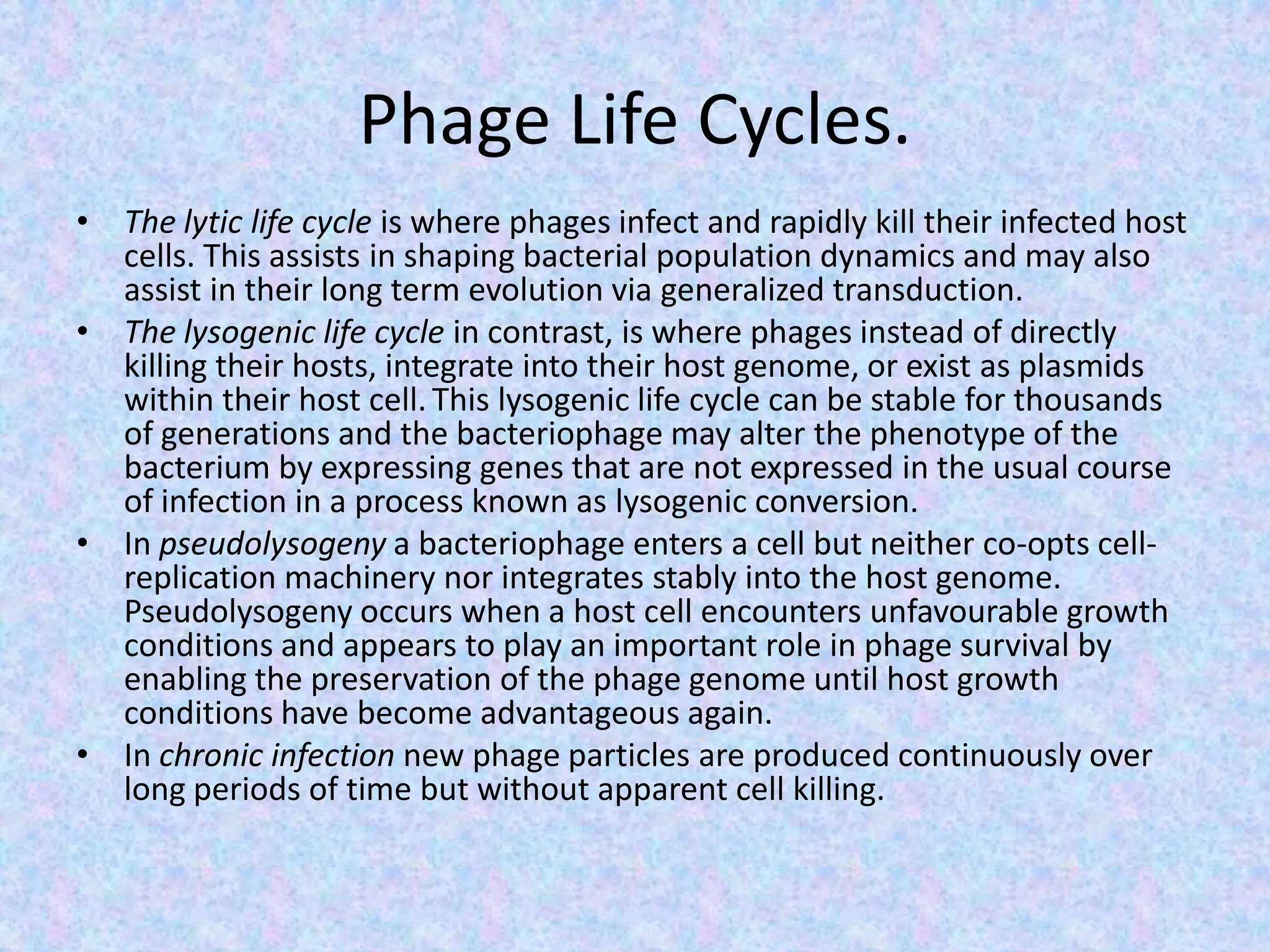 Phage Life Cycles.
• The lytic life cycle is where phages infect and rapidly kill their infected host
cells. This assists in shaping bacterial population dynamics and may also
assist in their long term evolution via generalized transduction.
• The lysogenic life cycle in contrast, is where phages instead of directly
killing their hosts, integrate into their host genome, or exist as plasmids
within their host cell. This lysogenic life cycle can be stable for thousands
of generations and the bacteriophage may alter the phenotype of the
bacterium by expressing genes that are not expressed in the usual course
of infection in a process known as lysogenic conversion.
• In pseudolysogeny a bacteriophage enters a cell but neither co-opts cell-
replication machinery nor integrates stably into the host genome.
Pseudolysogeny occurs when a host cell encounters unfavourable growth
conditions and appears to play an important role in phage survival by
enabling the preservation of the phage genome until host growth
conditions have become advantageous again.
• In chronic infection new phage particles are produced continuously over
long periods of time but without apparent cell killing.
 
