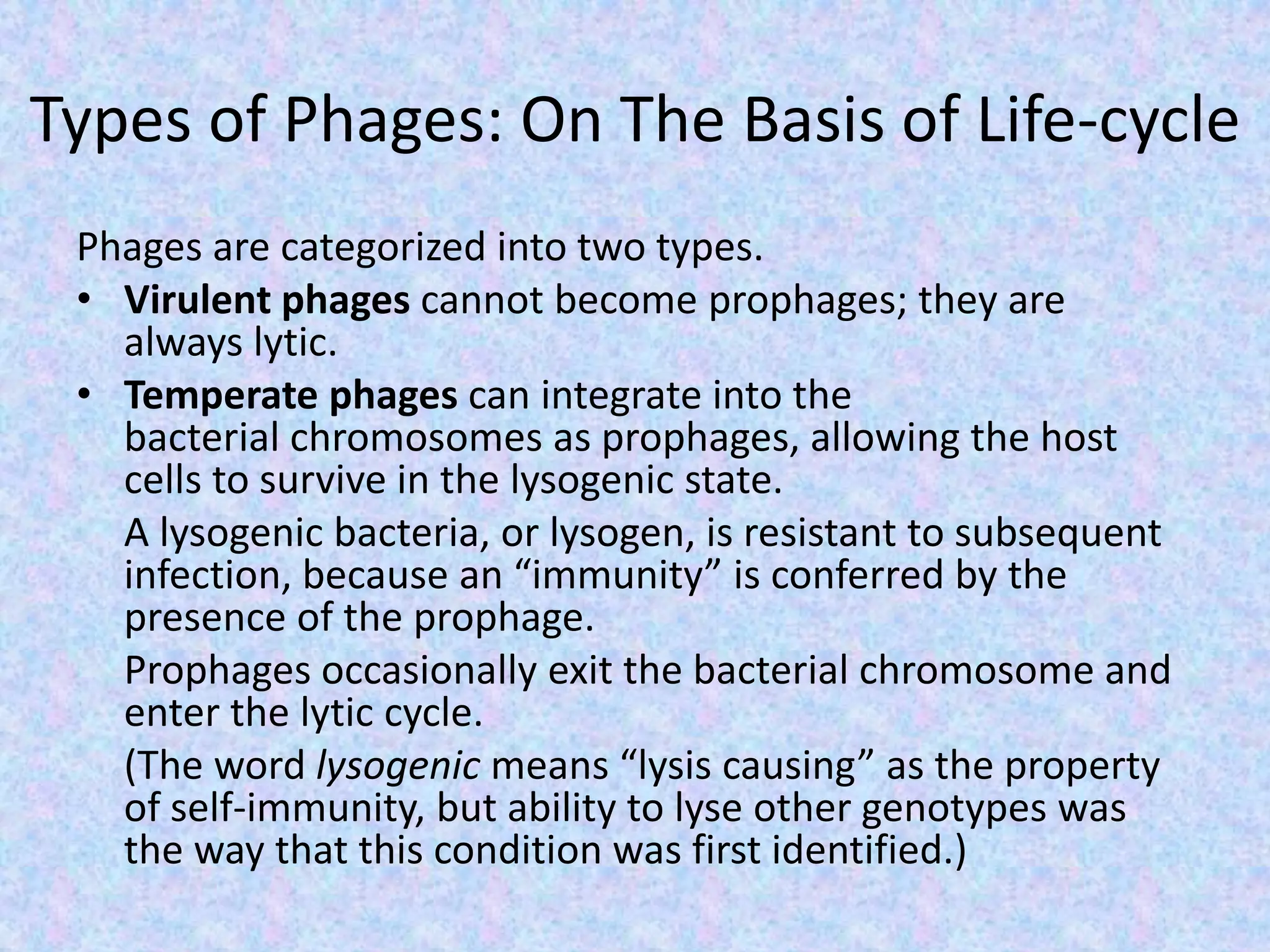 Types of Phages: On The Basis of Life-cycle
Phages are categorized into two types.
• Virulent phages cannot become prophages; they are
always lytic.
• Temperate phages can integrate into the
bacterial chromosomes as prophages, allowing the host
cells to survive in the lysogenic state.
A lysogenic bacteria, or lysogen, is resistant to subsequent
infection, because an “immunity” is conferred by the
presence of the prophage.
Prophages occasionally exit the bacterial chromosome and
enter the lytic cycle.
(The word lysogenic means “lysis causing” as the property
of self-immunity, but ability to lyse other genotypes was
the way that this condition was first identified.)
 