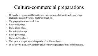 Culture-commercial preparations
• D’Herelle’s commercial laboratory in Paris produced at least 5 different phage
preparation against various bacterial infection.
• The preparations were called as:
• Bacte-coli-phage
• Bacte-rhino-phage
• Bacte-intesti-phage
• Bacte-pyo-phage
• Bacte-staphy-phage.
• Therapeutic phages were also produced in United States.
• In the 1940’s Eli Lilly Company produced seven phage products for human use.
 