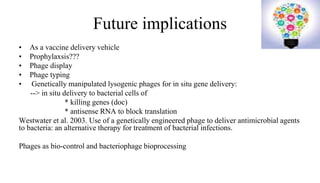 Future implications
• As a vaccine delivery vehicle
• Prophylaxsis???
• Phage display
• Phage typing
• Genetically manipulated lysogenic phages for in situ gene delivery:
--> in situ delivery to bacterial cells of
* killing genes (doc)
* antisense RNA to block translation
Westwater et al. 2003. Use of a genetically engineered phage to deliver antimicrobial agents
to bacteria: an alternative therapy for treatment of bacterial infections.
Phages as bio-control and bacteriophage bioprocessing
 