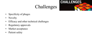 Challenges
• Specificity of phages
• Novelty
• Efficacy and other technical challenges
• Regulatory approvals
• Market acceptance
• Patient safety
 