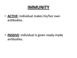 IMMUNITYACTIVE: individual makeshis/herownantibodies.PASSIVE: individual isgivenready-madeantibodies.