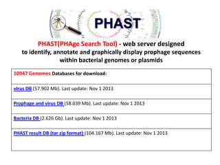 PHAST(PHAge Search Tool) - web server designed
to identify, annotate and graphically display prophage sequences
within bacterial genomes or plasmids
10947 Genomes Databases for download:
vIrus DB (57.902 Mb). Last update: Nov 1 2013
Prophage and virus DB (58.039 Mb). Last update: Nov 1 2013
Bacteria DB (2.626 Gb). Last update: Nov 1 2013
PHAST result DB (tar zip format) (104.167 Mb). Last update: Nov 1 2013

 
