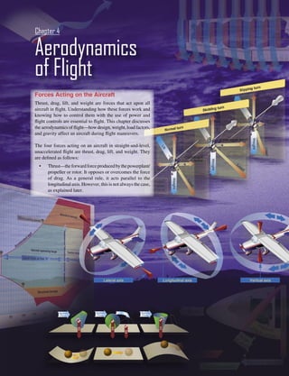 Chapter 4

Aerodynamics
of Flight
Forces Acting on the Aircraft
Thrust, drag, lift, and weight are forces that act upon all
aircraft in ﬂight. Understanding how these forces work and
knowing how to control them with the use of power and
ﬂight controls are essential to ﬂight. This chapter discusses
the aerodynamics of ﬂight—how design, weight, load factors,
and gravity affect an aircraft during ﬂight maneuvers.

The four forces acting on an aircraft in straight-and-level,
unaccelerated ﬂight are thrust, drag, lift, and weight. They
are deﬁned as follows:
  •   Thrust—the forward force produced by the powerplant/
      propeller or rotor. It opposes or overcomes the force
      of drag. As a general rule, it acts parallel to the
      longitudinal axis. However, this is not always the case,
      as explained later.




                                                                 4-1
 