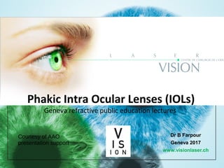 Cataract Surgery
Dr B Farpour
Geneva 2017
www.visionlaser.ch
Phakic Intra Ocular Lenses (IOLs)
Geneva refractive public education lectures
Courtesy of AAO
presentation support
 