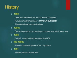 History
 1889
Clear lens extraction for the correction of myopia
Fukula in Austria/Germany : FUKULA SURGERY
Abandoned due to complications
 1950s
Correcting myopia by inserting a concave lens into Phakic eye
 1988
Baikoff : anterior chamber angle fixed IOL
 Mid 1980s
Posterior chamber phakic IOLs : Fyodorov
 1991
Artisan- Worst iris claw lens
 