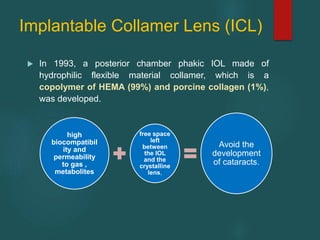 Implantable Collamer Lens (ICL)
 In 1993, a posterior chamber phakic IOL made of
hydrophilic flexible material collamer, which is a
copolymer of HEMA (99%) and porcine collagen (1%),
was developed.
high
biocompatibil
ity and
permeability
to gas ,
metabolites
free space
left
between
the IOL
and the
crystalline
lens,
Avoid the
development
of cataracts.
 