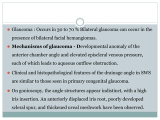 ⚫ Glaucoma : Occurs in 30 to 70 % Bilateral glaucoma can occur in the
presence of bilateral facial hemangiomas.
⚫ Mechanisms of glaucoma - Developmental anomaly of the
anterior chamber angle and elevated episcleral venous pressure,
each of which leads to aqueous outflow obstruction.
⚫ Clinical and histopathological features of the drainage angle in SWS
are similar to those seen in primary congenital glaucoma.
⚫ On gonioscopy, the angle structures appear indistinct, with a high
iris insertion. An anteriorly displaced iris root, poorly developed
scleral spur, and thickened uveal meshwork have been observed.
 