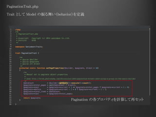 PaginationTrait.php
Pagination の各プロパティを計算して再セット
Trait として Model の振る舞い（behavior）を定義
 