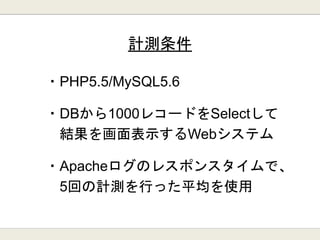 計測条件
・PHP5.5/MySQL5.6
・DBから1000レコードをSelectして
結果を画面表示するWebシステム
・Apacheログのレスポンスタイムで、
5回の計測を行った平均を使用
 