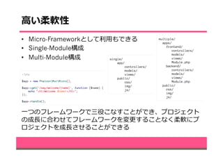 ⾼高い柔軟性
•  Micro-Frameworkとして利利⽤用もできる
•  Single-Module構成
•  Multi-Module構成
⼀一つのフレームワークで三役こなすことができ、プロジェクト
の成⻑⾧長に合わせてフレームワークを変更更することなく柔軟にプ
ロジェクトを成⻑⾧長させることができる
 