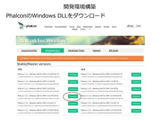 開発環境構築
PhalconのWindows DLLをダウンロード
 