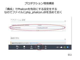 プロダクション環境構築
「構成」でPhalconを有効にする設定をする
なのでファイルにphp_phalcon.dllを含めておく
以上
 