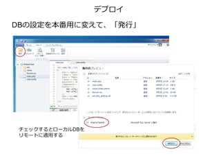 デプロイ
DBの設定を本番用に変えて、「発行」
チェックするとローカルDBを
リモートに適用する
 
