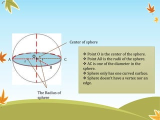 Center of sphere

                                Point O is the center of the sphere.
A   -----------     C           Point AO is the radii of the sphere.
                                AC is one of the diameter in the
          B                    sphere.
                                Sphere only has one curved surface.
                                Sphere doesn’t have a vertex nor an
                               edge.

    The Radius of
    sphere
 