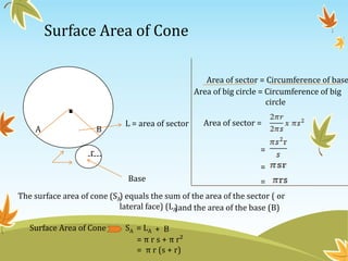 Surface Area of Cone

                                                      Area of sector = Circumference of base
                                                   Area of big circle = Circumference of big

              .                                                         circle

                              L = area of sector     Area of sector =
    A                 B

                    r                                               =
                   -----
                  ---
                                                                    =
                              Base                                  =
The surface area of cone (SA) equals the sum of the area of the sector ( or
                            lateral face) (LA
                                            )and the area of the base (B)

   Surface Area of Cone       SA = LA + B
                                 = π r s + π r²
                                 = π r (s + r)
 
