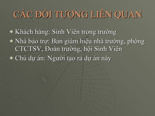 CÁC ĐỐI TƯỢNG LIÊN QUAN Khách hàng: Sinh Viên trong trường  Nhà bảo trợ: Ban giám hiệu nhà trường, phòng CTCTSV, Đoàn trường, hội Sinh Viên Chủ dự án: Người tạo ra dự án này 