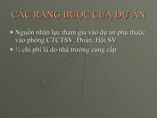 CÁC RÀNG BUỘC CỦA DỰ ÁN Nguồn nhân lực tham gia vào dự án phụ thuộc vào phòng CTCTSV, Đoàn, Hội SV ½ chi phí là do nhà trường cung cấp 