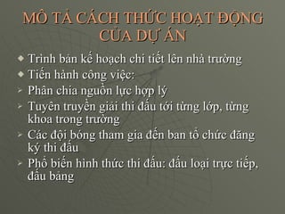 MÔ TẢ CÁCH THỨC HOẠT ĐỘNG CỦA DỰ ÁN Trình bản kế hoạch chi tiết lên nhà trường Tiến hành công việc: Phân chia nguồn lực hợp lý Tuyên truyền giải thi đấu tới từng lớp, từng khoa trong trường Các đội bóng tham gia đến ban tổ chức đăng ký thi đấu Phổ biến hình thức thi đấu: đấu loại trực tiếp, đấu bảng 