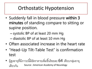 Orthostatic Hypotension
• Suddenly fall in blood pressure within 3
minutes of standing compare to sitting or
supine position.
– systolic BP of at least 20 mm Hg
– diastolic BP of at least 10 mm Hg
• Often associated increase in the heart rate
• “Head-Up Tilt-Table Test” is confirmation
test
• ผู้สูงอายุที่มีภาวะนี้มีอัตราตายเพิ่มขึ้นร้อยละ 64 เทียบกลุ่มอายุ
เดียวกัน Source : American Academy of Neurology
 