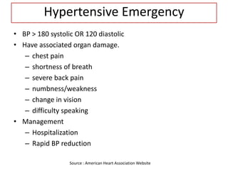 Hypertensive Emergency
• BP > 180 systolic OR 120 diastolic
• Have associated organ damage.
– chest pain
– shortness of breath
– severe back pain
– numbness/weakness
– change in vision
– difficulty speaking
• Management
– Hospitalization
– Rapid BP reduction
Source : American Heart Association Website
 