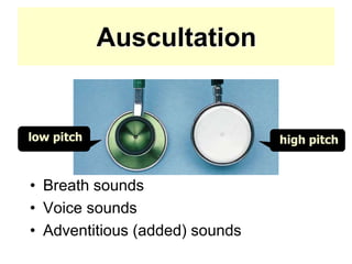 Auscultation
• Breath sounds
• Voice sounds
• Adventitious (added) sounds
low pitch high pitch
 
