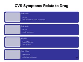CVS Symptoms Relate to Drug
Tachycardia
• HR> 100
• ใจสั่น เหนื่อยง่าย นอนไม่หลับ กระวนกระวาย
Bradycardia
• HR < 60
• หน้ามืด วูบ เหนื่อยง่าย
Arrythmia
• ชีพจรเต้นไม่สม่าเสมอ
• ใจสั่น วูบ เป็นลม
Heart Failure
• ชีพจรเต้นเบาลง
• เหนื่อยง่ายเวลาออกแรง บวม 91
 