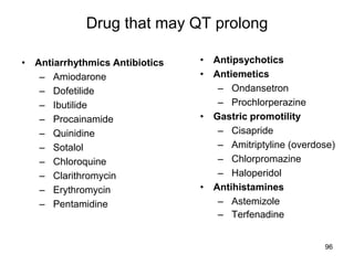 Drug that may QT prolong
• Antiarrhythmics Antibiotics
– Amiodarone
– Dofetilide
– Ibutilide
– Procainamide
– Quinidine
– Sotalol
– Chloroquine
– Clarithromycin
– Erythromycin
– Pentamidine
96
• Antipsychotics
• Antiemetics
– Ondansetron
– Prochlorperazine
• Gastric promotility
– Cisapride
– Amitriptyline (overdose)
– Chlorpromazine
– Haloperidol
• Antihistamines
– Astemizole
– Terfenadine
 