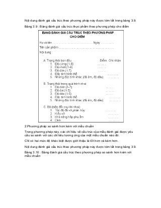 Nội dung đánh giá cấu trúc theo phương pháp này được tóm tắt trong bảng 3.9. 
Bảng 3.9 : Bảng đánh giá cấu trúc thực phẩm theo phương pháp cho điểm 
2.Phương pháp so sánh hơn kém với mẫu chuẩn 
Trong phương pháp này, các chỉ tiêu về cấu trúc của mẫu đánh giá được yêu cầu so sánh với các chỉ tiêu tương ứng của một mẫu chuẩn nào đó. 
Chỉ có hai mức độ khác biệt được giới thiệu là tốt hơn và kém hơn. 
Nội dung đánh giá cấu trúc theo phương pháp này được tóm tắt trong bảng 3.9. 
Bảng 3.10 : Bảng đánh giá cấu trúc theo phương pháp so sánh hơn kém với mẫu chuẩn  