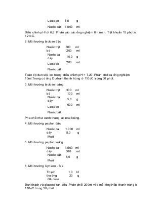 Lactose 
Nước cất 
5,0 
1.000 
g 
ml 
Điều chỉnh pH tới 6,8. Phân vào các ống nghiệm lên men. Tiệt khuẩn 15 phút ở 121oC. 
2. Môi trường lactose đặc 
Nước thịt bò 
Nước dạ dày 
Lactose 
Nước cất 
600 
200 
10,0 
200 
ml 
ml 
g 
ml 
Toàn bộ đun sôi, lọc trong, điều chỉnh pH = 7,20. Phân phối ra ống nghiệm 10ml.Trong có ống Durham thanh trùng ở 110oC trong 30 phút. 
3. Môi trường lactose loãng 
Nước thịt bò 
Nước dạ dày 
Lactose 
Nước cất 
300 
100 
5,0 
600 
ml 
ml 
g 
ml 
Pha chế như canh thang lactose loãng. 
4. Môi trường pepton đặc 
Nước dạ dày 
Muối 
1.000 
5,0 
ml 
g 
5. Môi trường pepton loãng 
Nước dạ dày 
Nước cất 
Muối 
1.500 
500 
5,0 
ml 
ml 
g 
6. Môi trường Uynsơn - Ble 
Thạch thường 
Glucose 
1,0 
20 
lít 
g 
Đun thạch và glucose tan đều .Phân phối 200ml vào mỗi ống.Hấp thanh trùng ở 110oC trong 30 phút.  
