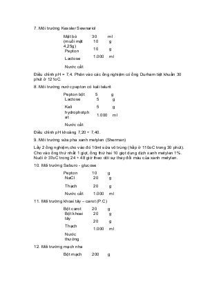 7. Môi trường Kessler Sewnariol 
Mật bò (muối mật 4,25g) 
Pepton 
Lactose 
Nước cất 
30 
10 
10 
1.000 
ml 
g 
g 
ml 
Điều chỉnh pH = 7,4. Phân vào các ống nghiệm có ống Durham tiệt khuẩn 30 phút ở 121oC. 
8. Môi trường nước pepton có kali telurit 
Pepton bột 
Lactose 
Kali hydrophotphat 
Nước cất 
5 
5 
5 
1.000 
g 
g 
g 
ml 
Điều chỉnh pH khoảng 7,20 ÷ 7,40. 
9. Môi trường sữa pha xanh metylen (Sherman) 
Lấy 2 ống nghiệm,cho vào đó 10ml sữa vô trùng (hấp ở 110oC trong 30 phút). Cho vào ống thứ nhất 1 giọt, ống thứ hai 10 giọt dung dịch xanh metylen 1%. Nuôi ở 37oC trong 24 ÷ 48 giờ theo dõi sự thay đổi màu của xanh metylen. 
10. Môi trường Saburo - glucose 
Pepton 
NaCl 
Thạch 
Nước cất 
10 
20 
20 
1.000 
g 
g 
g 
ml 
11. Môi trường khoai tây – carot (P.C) 
Bột carot 
Bột khoai tây 
Thạch 
Nước thường 
20 
20 
20 
1.000 
g 
g 
g 
ml 
12. Môi trường mạch nha 
Bột mạch 
200 
g  