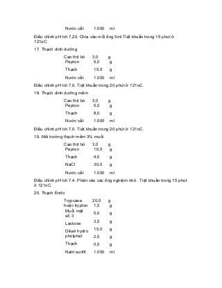 Nước cất 
1.000 
ml 
Điều chỉnh pH tới 7,20. Chia vào mỗi ống 5ml.Tiệt khuẩn trong 15 phút ở 121oC. 
17. Thạch dinh dưỡng 
Cao thịt bò 
Pepton 
Thạch 
Nước cất 
3,0 
5,0 
15,0 
1.000 
g 
g 
g 
ml 
Điều chỉnh pH tới 7,0. Tiệt khuẩn trong 20 phút ở 121oC. 
18. Thạch dinh dưỡng mềm 
Cao thịt bò 
Pepton 
Thạch 
Nước cất 
3,0 
5,0 
8,0 
1.000 
g 
g 
g 
ml 
Điều chỉnh pH tới 7,0. Tiệt khuẩn trong 20 phút ở 121oC. 
19. Môi trường thạch mềm 3% muối 
Cao thịt bò 
Pepton 
Thạch 
NaCl 
Nước cất 
3,0 
10,0 
4,0 
30,0 
1.000 
g 
g 
g 
g 
ml 
Điều chỉnh pH tới 7,4. Phân vào các ống nghiệm nhỏ . Tiệt khuẩn trong 15 phút ở 121oC. 
20. Thạch Endo 
Trypcase hoặc trypton 
Muối mật số 3 
Lactose 
Dikali hydro photphat 
Thạch 
Natri sunfit 
20,0 
1,5 
5,0 
3,5 
15,0 
2,5 
0,5 
1.000 
g 
g 
g 
g 
g 
g 
g 
ml  