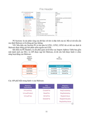 11
PE Sections: là các phân vùng của dữ liệu với tên và đặc tính của nó. Rất có ích nếu cần
xác định Malware có bị đóng gói hay không.
VD: Nếu thấy các Section PE có tên như là UPX1, UPX2, UPX3 thì có thể xác định là
Malware được đóng gói bởi phần mềm nguồn mở UPX.
Khi điều tra PE Headers, ta cần phải quan sát kĩ khu vực Import Address Table bao gồm
một danh sách các DLL và API được nạp bởi Malware, từ đó cho biết được hành vi chức
năng hoạt động của Malware.
Các API phổ biến trong hành vi của Malware:
 