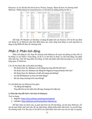 12
Resource: là các dữ liệu thô như là Icon, Picture, Images, Menu đi kèm với chương trình
Malware. Những thông tin trong Resource có thể đem lại những thông tin thú vị.
Kết luận: PE Headers có thể được sử dụng để phân tích các Section, IAT từ đó xác định
các thông tin về Malware như thời điểm được tạo, chức năng hoạt động và cách nạp hàm sử
dụng trong HĐH để thực thi chương trình.
Phần 2: Phân tích động.
Phân tích động là việc thực thi chương trình Malware rồi quan sát những sự thay đổi về
hệ thống và các hành vi hoạt động, từ đó ta có thể hiểu rõ được cơ chế hoạt động của phần
mềm độc hại. Việc kết hợp phân tích động và tĩnh một phần mềm độc hại giúp ta có cái nhìn
tổng quan về Malware.
Các câu hỏi được đặt ra khi phân tích động:
- Khi được thực thi, Malware có tác động hay thay đổi file thế nào?
- Khi được thực thi, Malware tác động lên Registry trong windows thế nào?
- Khi được thực thi, Malware có kết nối mạng nào không?
- Cơ chế để Malware tự thực thi khởi động?
- Nó còn chạy chương trình nào không?
Cơ chế đánh lừa của Malware bao gồm:
- Tác động vào Registry
- Thay đổi thứ tự tìm kiếm DLL để nạp chương trình độc hại.
A, Phát hiện thay đổi hành vi khi thực thi Malware:
Tool sử dụng:
1. Regshot: https://sourceforge.net/projects/regshot/
2. FakeNet: https://github.com/fireeye/flare-fakenet-ng
Để thực hiện các bước này, ta quét một lượt các file hệ thống, sau đó chạy Malware, rồi
sau đó quét thêm một lượt nữa, để xác định được những điểm khác biệt trước và sau khi thực
thi chương trình. Các làm này có lợi thế là xác định được tính toàn vẹn của các tệp và registry
 