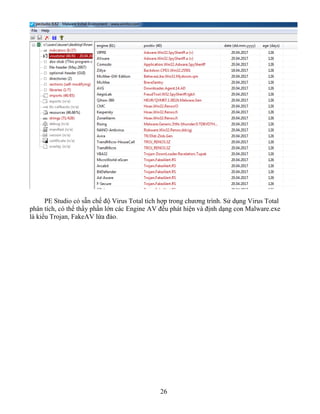 26
PE Studio có sẵn chế độ Virus Total tích hợp trong chương trình. Sử dụng Virus Total
phân tích, có thể thấy phần lớn các Engine AV đều phát hiện và định dạng con Malware.exe
là kiểu Trojan, FakeAV lừa đảo.
 