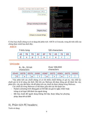 9
Có hai loại chuỗi chúng ta sẽ sử dụng khi phân tích: ASCII và Unicode, trong đó tính chất của
chúng được minh họa dưới đây:
Việc phân tích các chuỗi nhúng sẽ có rất nhiều chuỗi không có giá trị, việc chắt lọc
chuỗi giá trị là kĩ năng cần thiết. Đôi khi các Malware đã được đóng gói để đánh lừa việc
phân tích, việc này đặt thêm vấn đề phân tích các chuỗi ẩn được nhúng trong Malware.
Các chuỗi ẩn trong Malware có thể được giấu nhờ các thủ thuật sau:
- Packers (chương trình đóng gói) có thể đặt các giá trị ngẫu nhiên hoặc
trông có vẻ hợp lí để đánh lừa người dùng.
- Mã hóa chuỗi để người dùng không thể đọc được bằng hai phương
pháp: Base 64 và XOR
III, Phân tích PE headers:
Tools sử dụng:
 