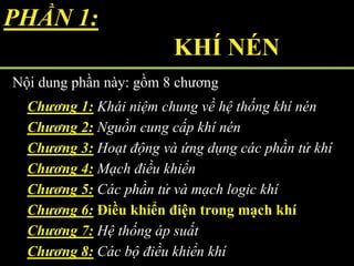 PHẦN 1:
KHÍ NÉN
Nội dung phần này: gồm 8 chương
Chương 1: Khái niệm chung về hệ thống khí nén
Chương 2: Nguồn cung cấp khí nén
Chương 3: Hoạt động và ứng dụng các phần tử khí
Chương 4: Mạch điều khiển
Chương 5: Các phần tử và mạch logic khí
Chương 6: Điều khiển điện trong mạch khí
Chương 7: Hệ thống áp suất
Chương 8: Các bộ điều khiển khí
 