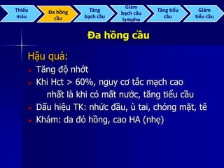 Đa hồng cầu
Hậu quả:
 Tăng độ nhớt
 Khi Hct > 60%, nguy cơ tắc mạch cao
nhất là khi có mất nước, tăng tiểu cầu
 Dấu hiệu TK: nhức đầu, ù tai, chóng mặt, tê
 Khám: da đỏ hồng, cao HA (nhẹ)
Thiếu
máu
Đa hồng
cầu
Tăng
bạch cầu
Giảm
bạch cầu
lympho
Tăng tiểu
cầu
Giảm
tiểu cầu
 